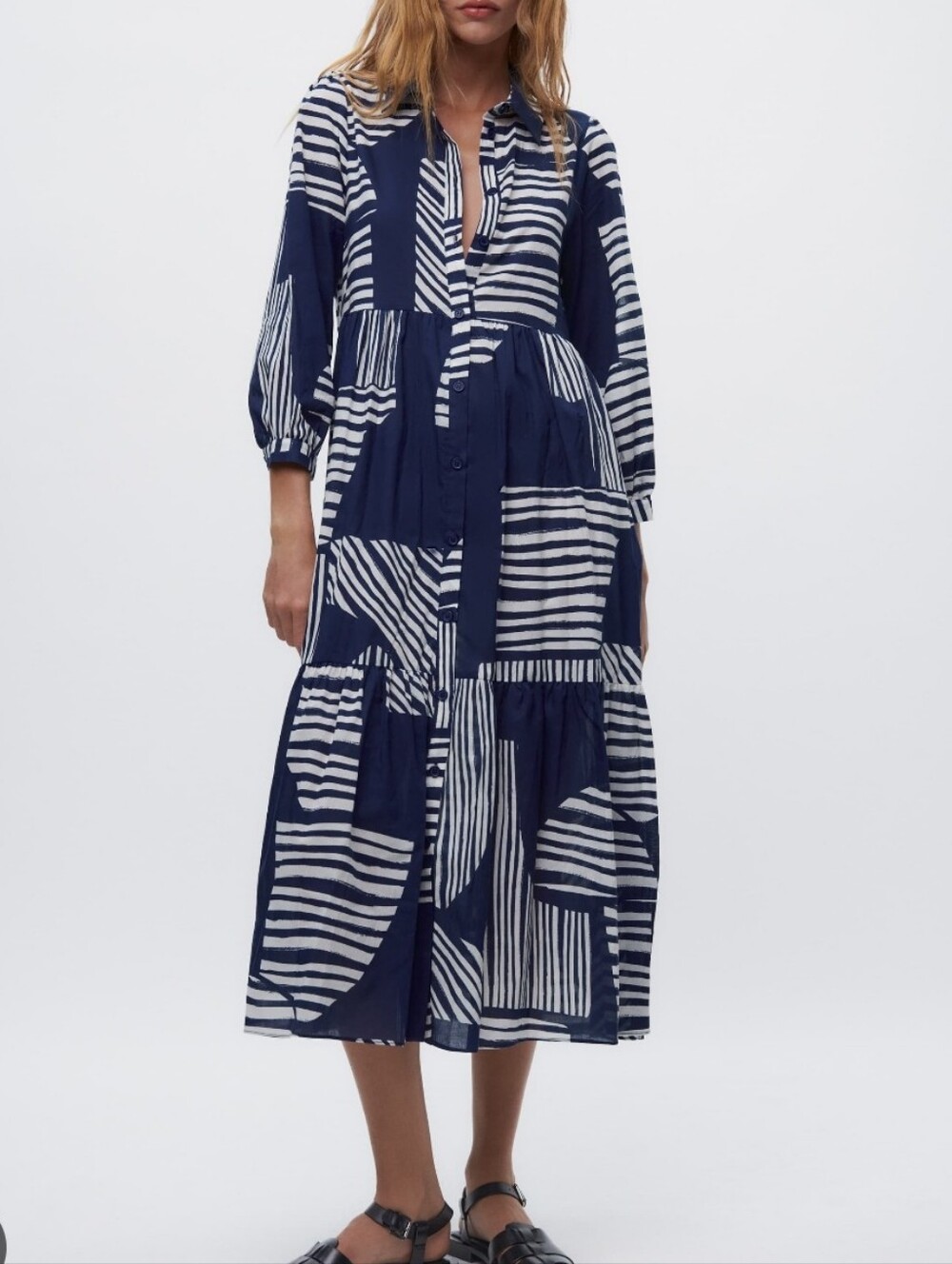 Zara 100% Cotton Button Midi Shirt Dress Blue White Women's Size XL